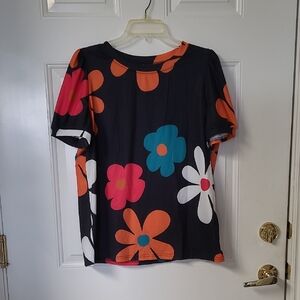 Floral Print Women's Top - Black, Orange, Pink, Blue, White, size large.